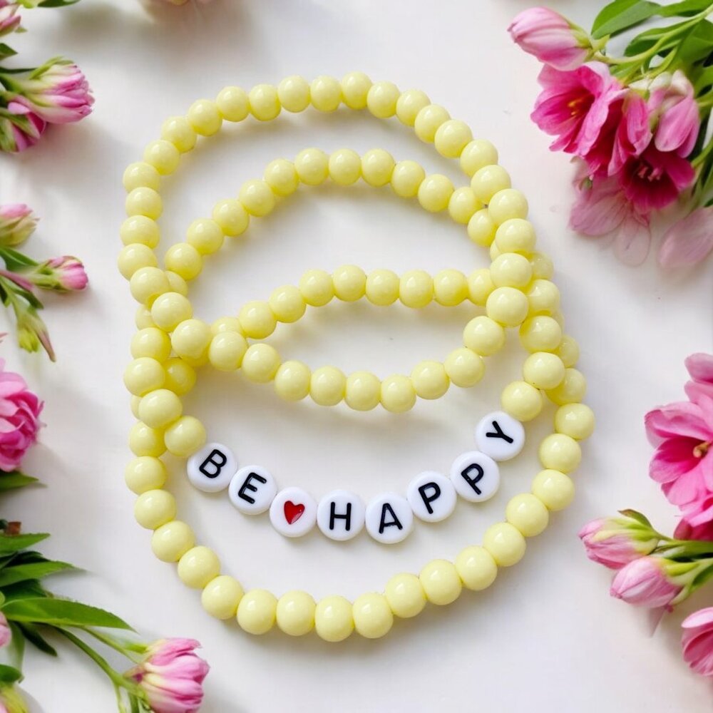 HANDMADE Yellow Beaded BE HAPPY Bracelet Stack Worded Bead Bracelet Set